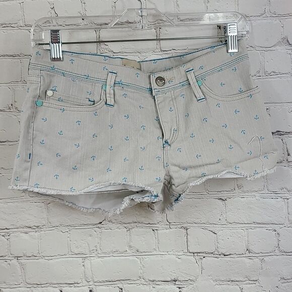 Roxy Denim Drab Gray Turquoise Anchor Cutoff Shorts 5/27 Nautical Sailor Shortie - Picture 2 of 11